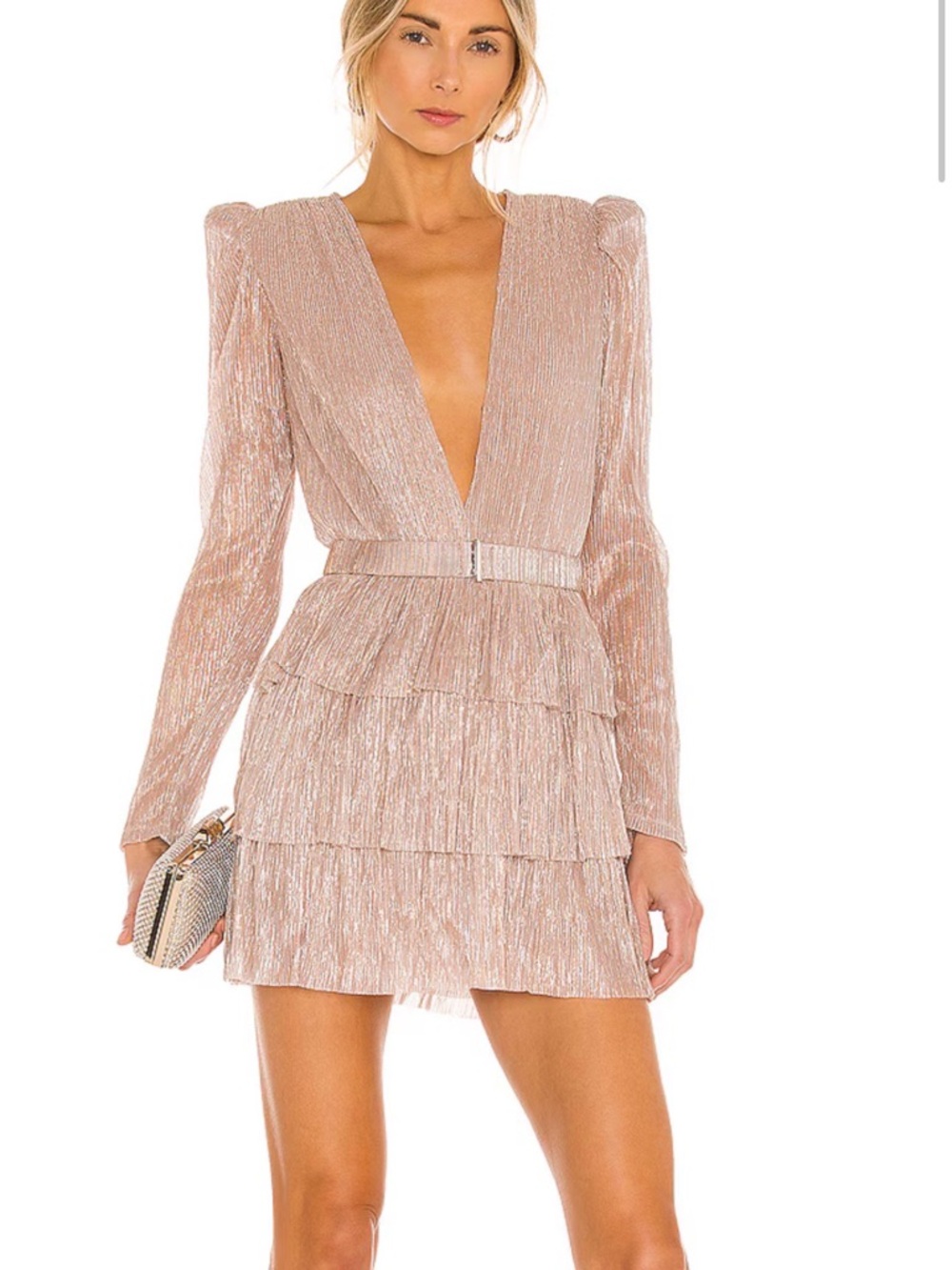 Sabina Musayev Carry Blush Metallic Long-Sleeve Tiered Mini Dress